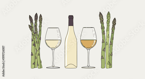 Two glasses and a bottle of white wine flank asparagus stalks