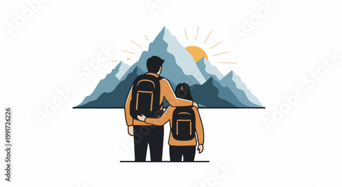 Two hikers embrace with backpacks facing majestic mountains at sunrise
