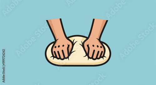 Two hands knead a ball of dough on a light blue background