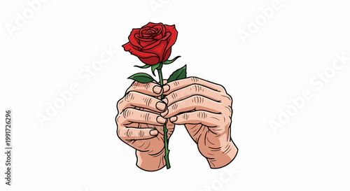 Two hands delicately hold a vibrant red rose with green leaves