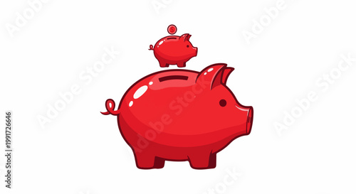 Two cartoon red piggy banks, one small on top of a large one, a coin rests on top of the small one