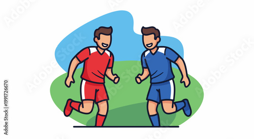Two cartoon soccer players running on a green field under a blue sky