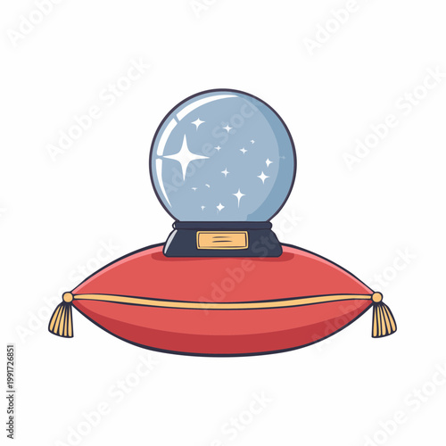 Crystal ball on a red velvet cushion with tassels