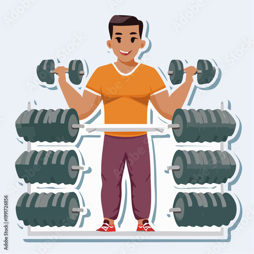 Man lifting dumbbells in gym with weight rack