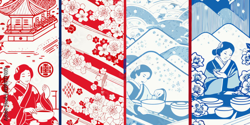 Japanese inspired decorative panels featuring landscapes women and floral motifs