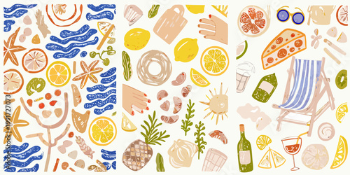 A colorful hand drawn collage depicting various summer and beach elements