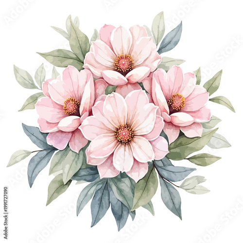 Pink peony bouquet with green leaves