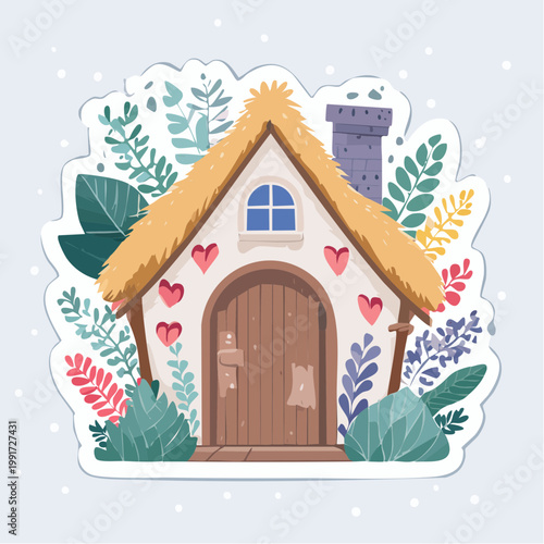 Whimsical Cottage with Thatch Roof and Heart Decorations
