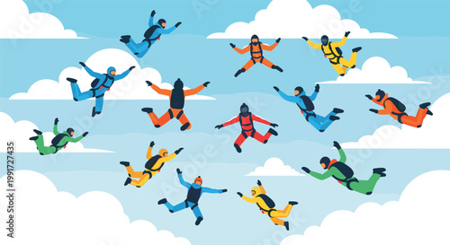 Skydiving People Group in Freefall with Colorful Jumpsuits Extreme Sport Adventure Parachuting Scene in Sky with Clouds for Travel and Activity DesignSkydiving People Group in Freefall w