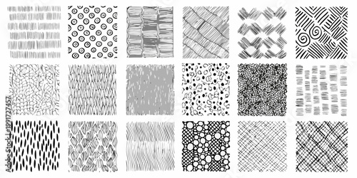Collection of hand drawn patterns and textures arranged in a grid format