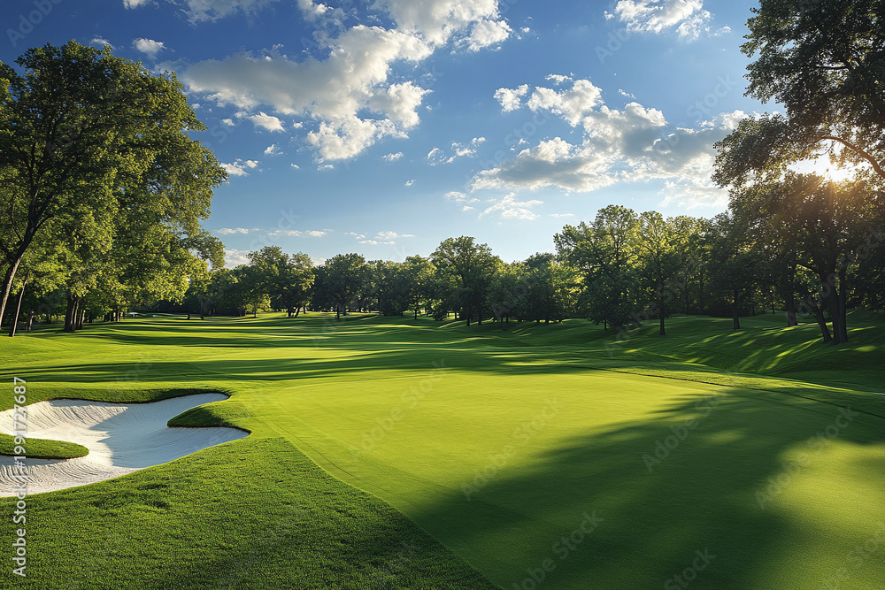 Fototapeta premium Green golf course landscape with fairway and sand bunker under blue sky.