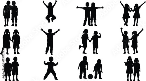 Children silhouettes collection, kids playing, jumping and standing poses, friendship and childhood activity, black shadow figures, isolated lifestyle illustration concept