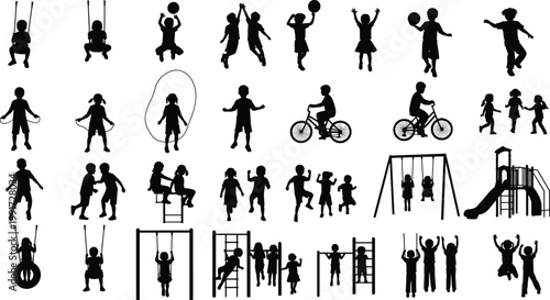 Collection of children silhouettes playing sports and playground activities, jumping rope, cycling, swinging, active kids lifestyle, outdoor fun, black and white illustration set
