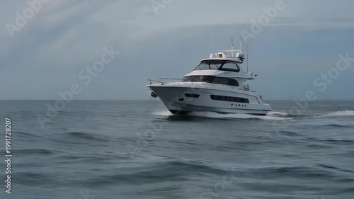 A yacht moves freely through open water as the horizon approaches steadily conveying momentum freedom and forward direction