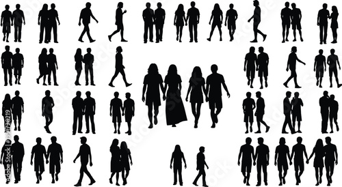 Collection of couple silhouettes walking and standing together, relationship and lifestyle concept, love and companionship, human interaction, black and white illustration set isolated
