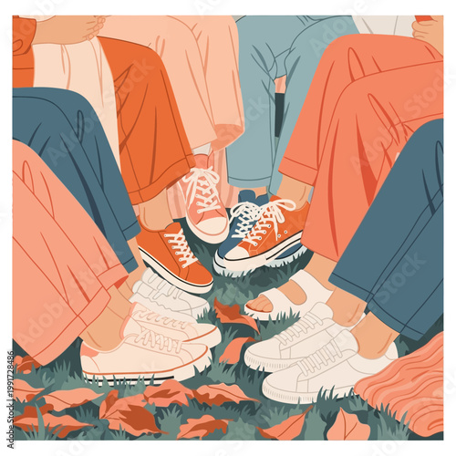 Group of Friends Sitting in a Circle on Grass with Sneakers and Autumn Leaves, Vector Illustration of Community and Togetherness