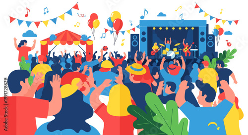 Vibrant festival crowd celebrating with music and colorful decorations outdoors