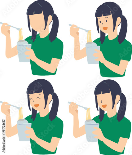 ラーメンを食べる緑のTシャツの女性