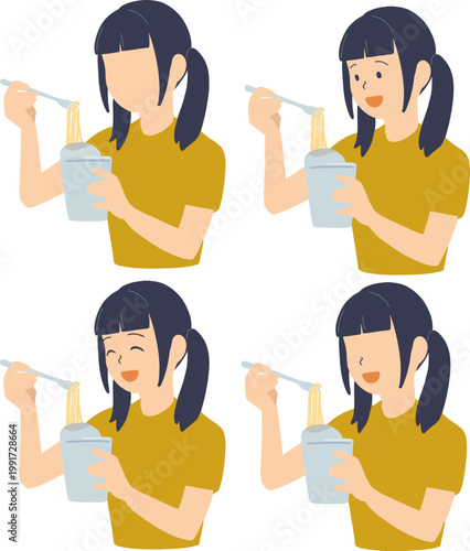 ラーメンを食べる黄色いTシャツの女性