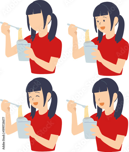 ラーメンを食べる赤いTシャツの女性