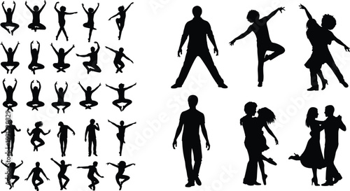 Dance and yoga silhouettes collection, active men and women poses, fitness movement, couple dancing figures, black shadow illustration set, isolated lifestyle concept