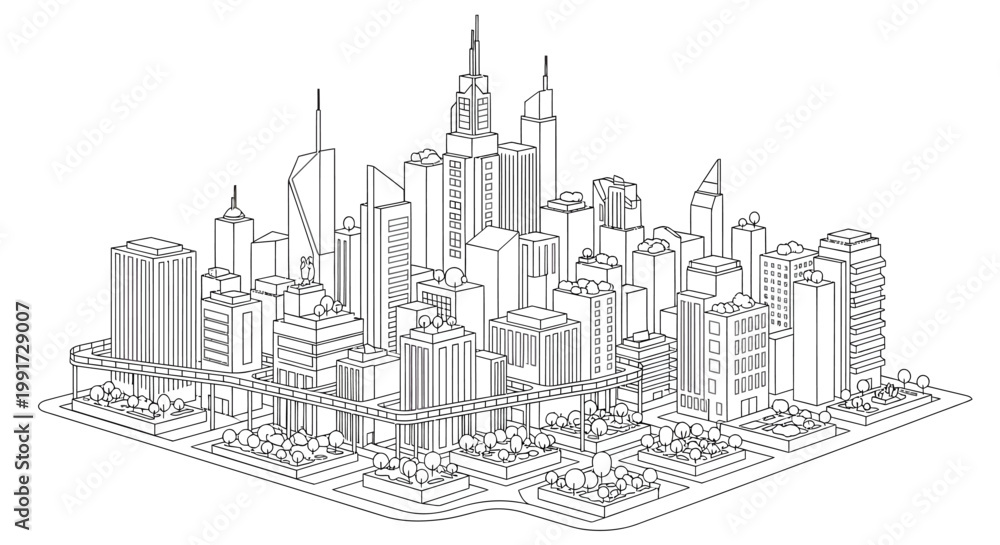 Fototapeta premium Cityscape illustration with skyscrapers and buildings