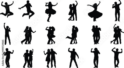 Dancing people silhouettes set, men and women party poses, couple dance figures, black shadow characters, celebration movement illustration, isolated lifestyle concept