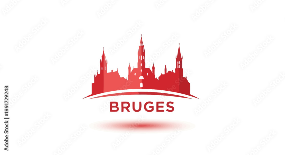 Naklejka premium Bruges Cityscape Silhouette in Red Color with White Background.