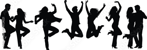 Dancing people silhouettes, jumping and party movement poses, couple dance figures, black shadow characters, celebration energy, nightlife and music lifestyle concept illustration