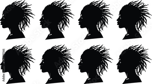Dreadlocks hairstyle silhouette collection, African female profile set, natural hair black vector illustration, afro textured locks design, cultural beauty icons isolated on white