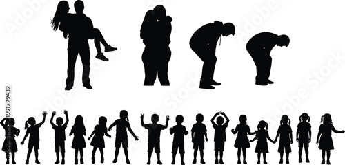 Family and children silhouettes set, parenting moments, kids playing and standing poses, couple interaction, black shadow figures, lifestyle relationship concept illustration