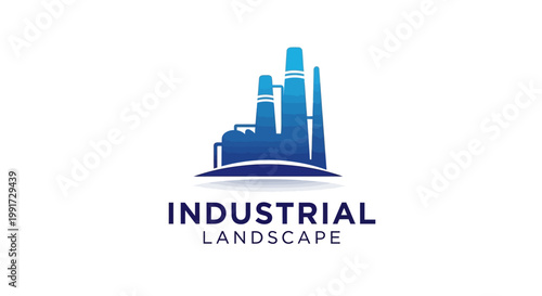 Blue Industrial Landscape Logo Depicting Factory Silhouette on White Background.