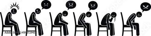 Emotional stages of sadness and frustration, human silhouettes sitting on chair, depression concept, mental health awareness, stress progression, negative feelings illustration