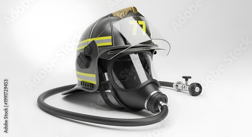 Close-up of a professional firefighter's helmet with a breathing apparatus and protective visor on a white background