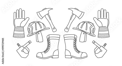 Firefighter uniform and equipment set including helmet, gloves, boots, axe, and flashlight