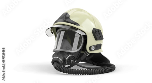 A fire fighter's helmet and mask with an attached breathing apparatus, symbolizing protection and safety during dangerous operations