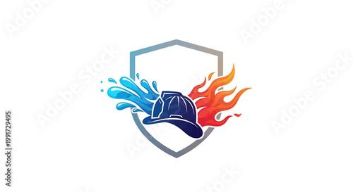 Firefighter helmet protected by water and flames within a shield, symbolizing safety and emergency services