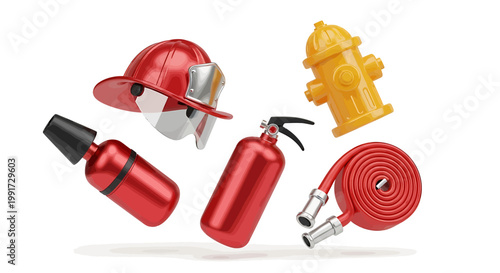 Collection of firefighting equipment including a helmet, extinguisher, hose, and hydrant on a white background, representing fire safety and emergency response