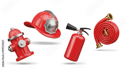 Collection of essential firefighting equipment including a helmet, fire hydrant, extinguisher, and coiled hose, symbolizing safety and emergency response services