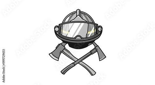 Stylized illustration featuring a traditional firefighter's helmet with protective goggles positioned above two crossed axes, symbolizing bravery, rescue, and emergency services for public safety