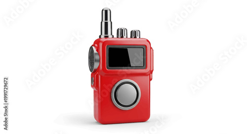 A vibrant red walkie-talkie with a sleek design, featuring a small screen and prominent buttons, isolated on a white background