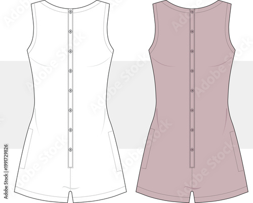 Women and girls oversize jumpsuit with buttons sleeveless fashion technical drawing, illustration. Beachwear, home wear flat sketch, vector. Cad, Mockup.