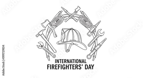 A symbolic black and white line art illustration celebrating International Firefighters' Day, showcasing essential rescue tools and equipment in a protective emblem