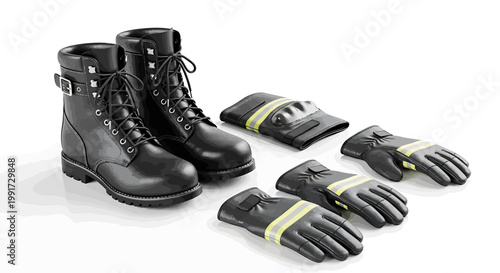 Complete set of professional protective workwear including sturdy black leather boots, durable safety gloves with yellow reflective strips, and a matching cap, isolated on white