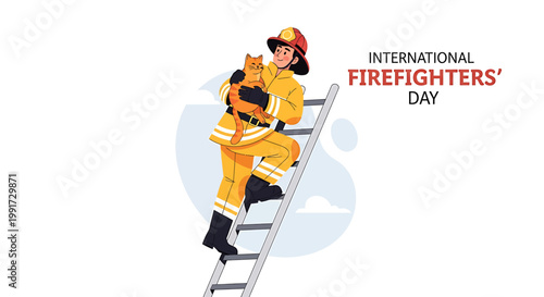 Brave firefighter in full protective gear ascending a ladder, gently cradling a rescued cat, illustrating professional heroism and compassionate animal rescue in a clean vector style