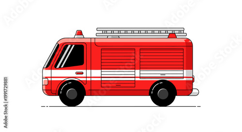 Red fire truck illustration on a white background, emergency vehicle with ladder and flashing lights, ready to respond to a call