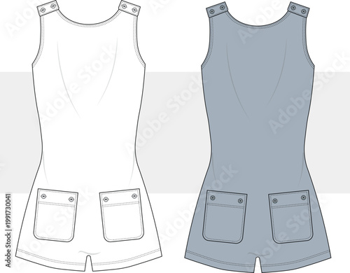 Women relaxed fit jumpsuit with pockets fashion technical drawing, illustration. Beachwear, homewear flat sketch, vector. Cad, Mockup.