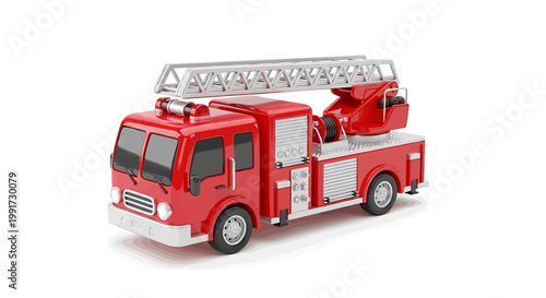 Vibrant red emergency fire truck with an extended aerial ladder, a modern and vital rescue vehicle designed for rapid response to critical situations, prominently displayed on a clean white background