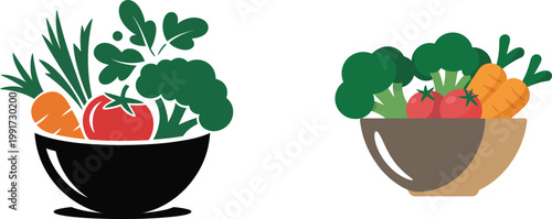 Fresh vegetables in bowls vector illustration healthy eating concept.