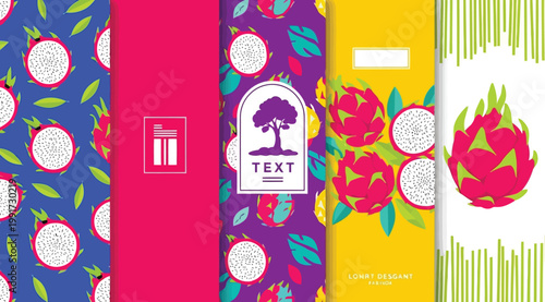 Dragon fruit pattern and packaging design set with vibrant tropical colors exotic pitaya fruit illustrations on blue, pink, purple, yellow, and white backgrounds